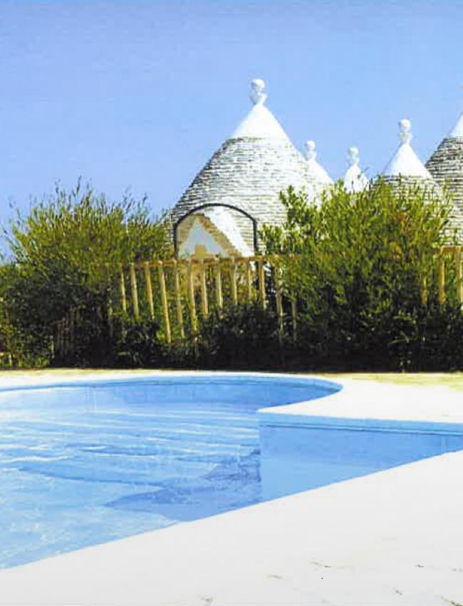 Piscina con vista sui caratteristici trulli, immersi nel verde.